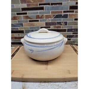 Vintage Casserole, Studio Pottery?, Double Handle, Lid Beige, Blue Design